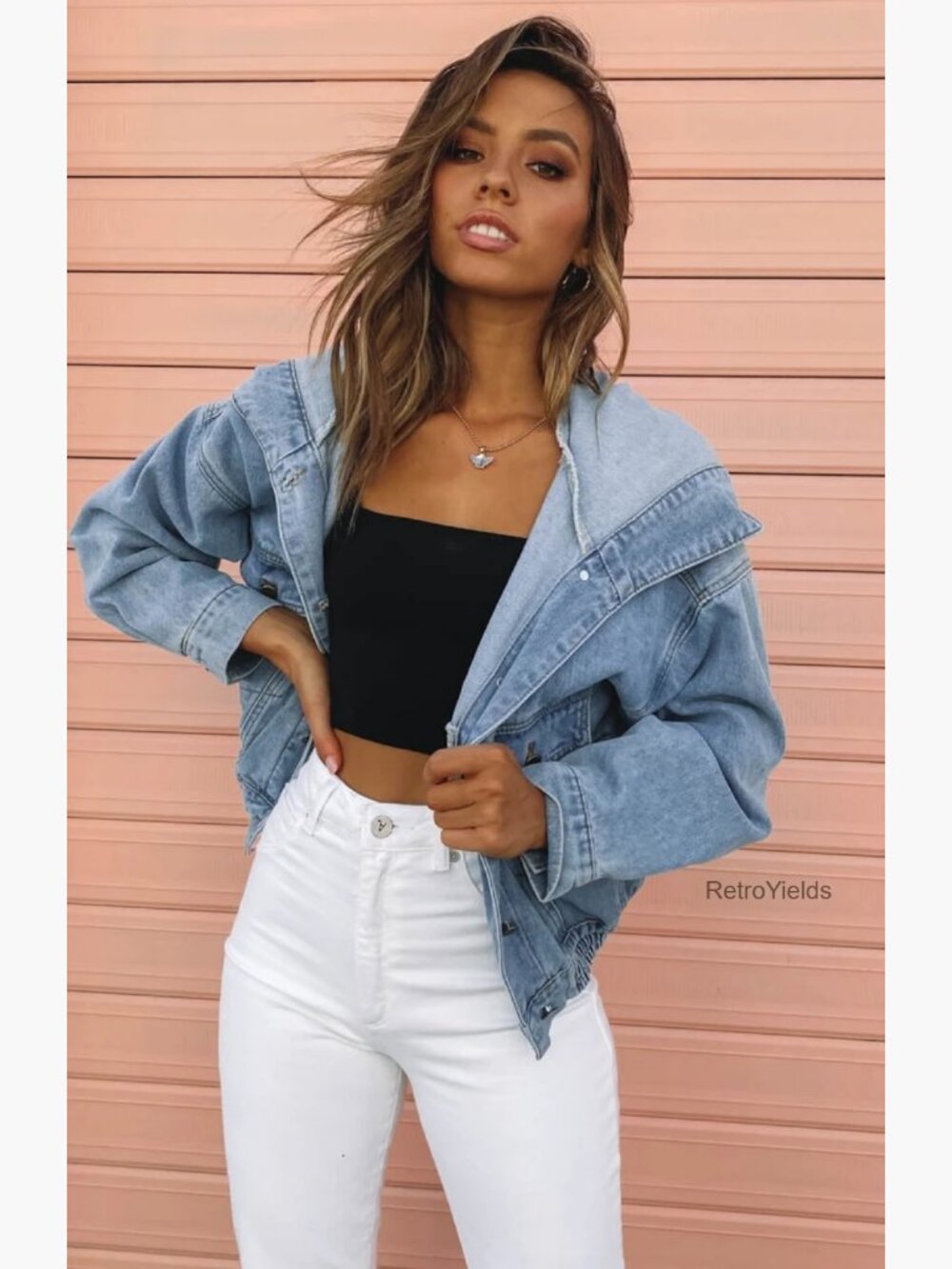 Oversized Varsity Denim Jacket with Hood Button Front Pockets - Picture 6 of 6